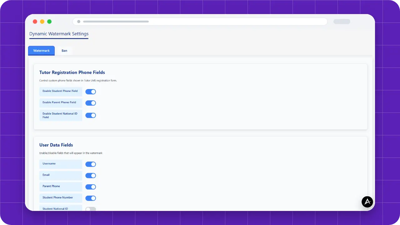 Dynamic Watermark for Tutor LMS interface preview